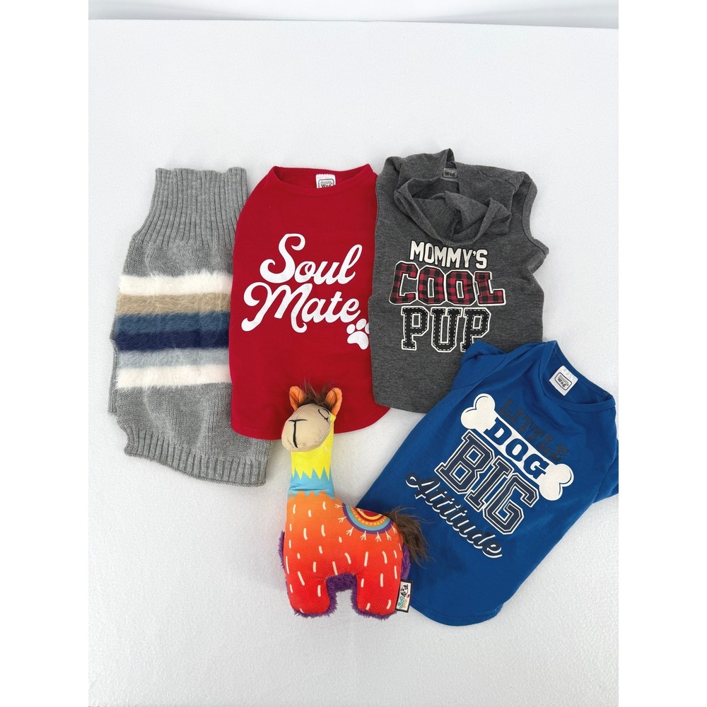 Simply Wag Dog Clothes Bundle Medium Multicolor Sweater Tee Hoodie Llama Toy Lot
